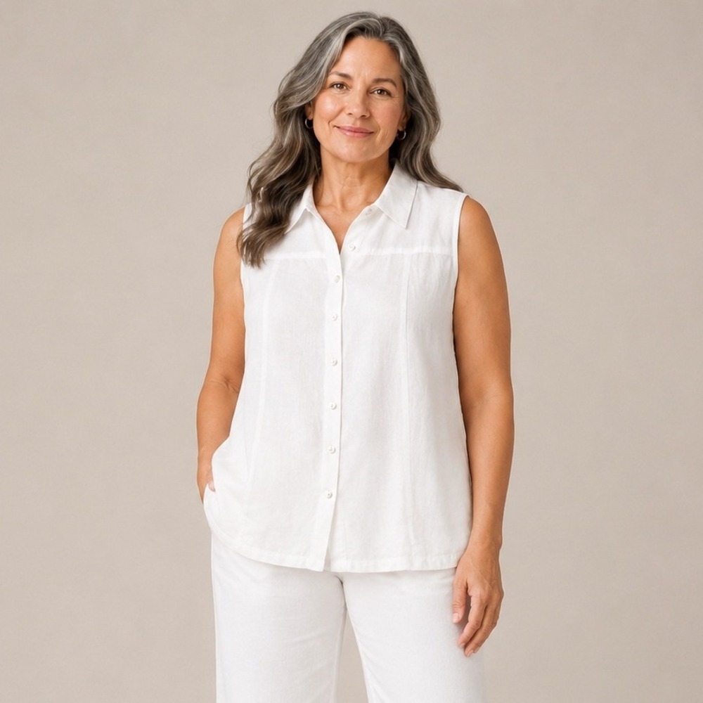 J.Jill Women Sleeveless Linen Button Down Shirt Size S White Coastal Minimalist